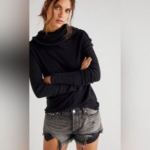 Free People We the Free Distressed Black Cowl Neck Hoodie Top XL EUC Cotton